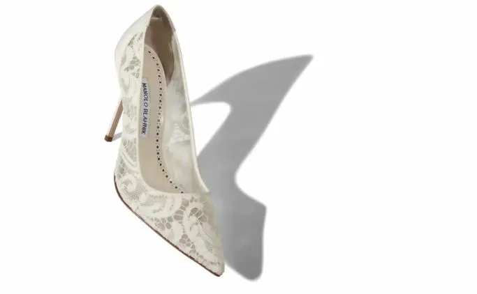 Pumps Women Manolo Blahnik BBLA BRIDEWhite Lace Pointed Toe Pumps