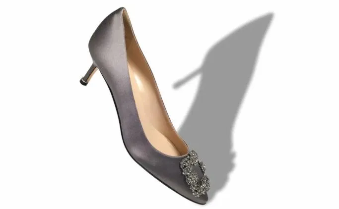 Pumps Women Manolo Blahnik HANGISI 50Grey Satin Jewel Buckle Pumps