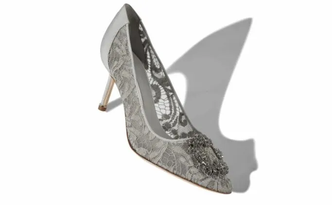 Pumps Women Manolo Blahnik HANGISI LACE 70Grey Lace Jewel Buckled Pumps