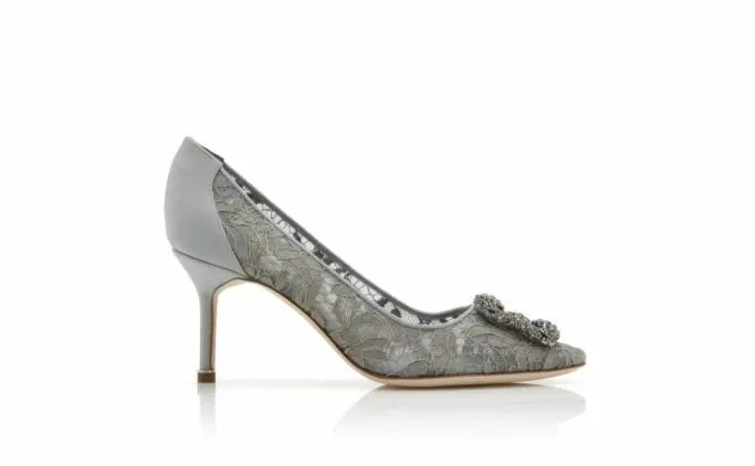 Pumps Women Manolo Blahnik HANGISI LACE 70Grey Lace Jewel Buckled Pumps Pumps Women Manolo Blahnik HANGISI LACE 70Grey Lace Jewel Buckled Pumps