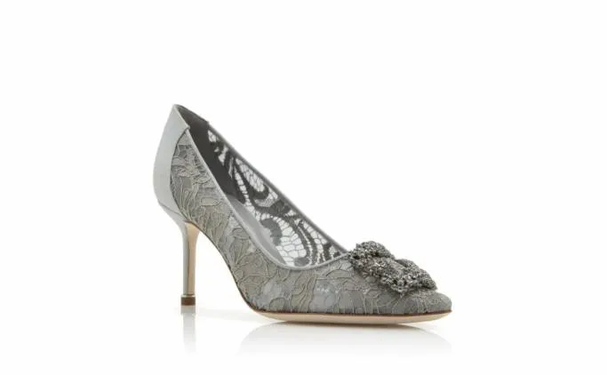 Pumps Women Manolo Blahnik HANGISI LACE 70Grey Lace Jewel Buckled Pumps Pumps Women Manolo Blahnik HANGISI LACE 70Grey Lace Jewel Buckled Pumps