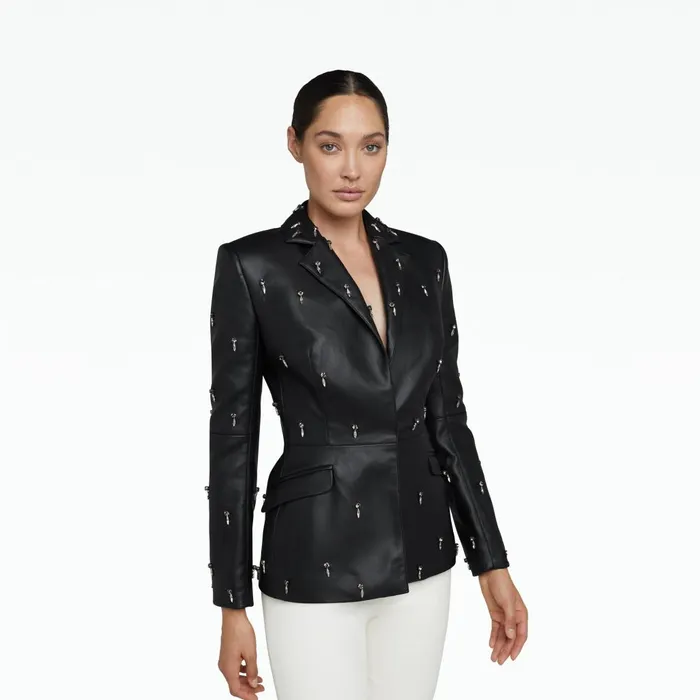 Safiyaa Emma Black Vegan Leather Embroidered Jacket Women Jackets and Coats