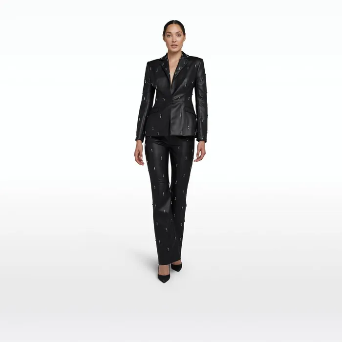 Safiyaa Emma Black Vegan Leather Embroidered Jacket Women Jackets and Coats