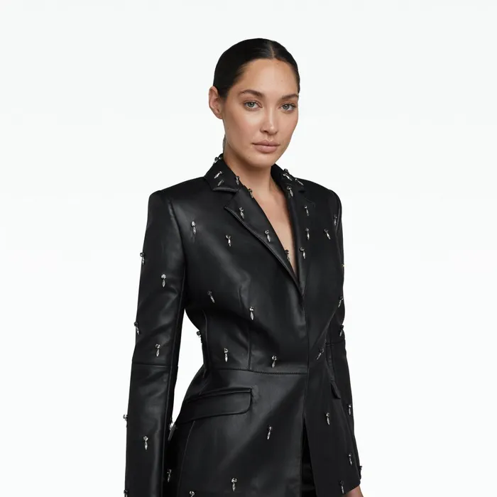 Safiyaa Emma Black Vegan Leather Embroidered Jacket Women Jackets and Coats