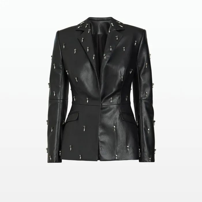 Safiyaa Emma Black Vegan Leather Embroidered Jacket Women Jackets and Coats