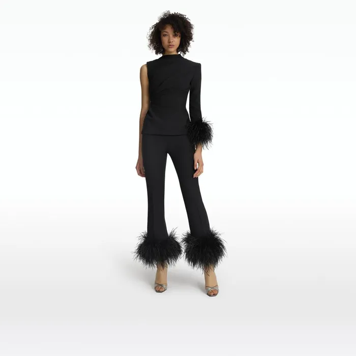 Safiyaa Mari Black FeatherTrimmed Trousers Women Trousers