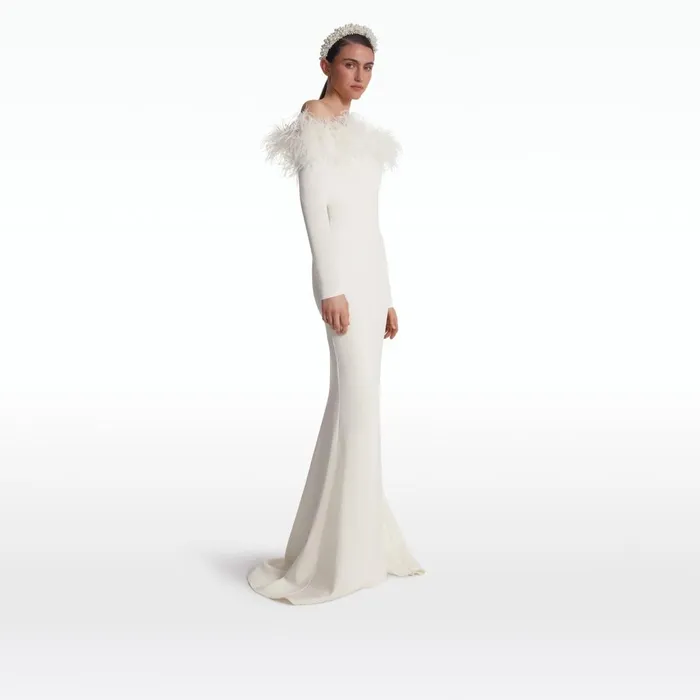 Safiyaa Starlana Ivory FeatherTrimmed Long Dress Women Dresses