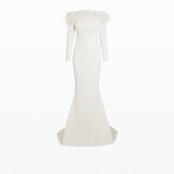 Safiyaa Starlana Ivory FeatherTrimmed Long Dress Women Dresses