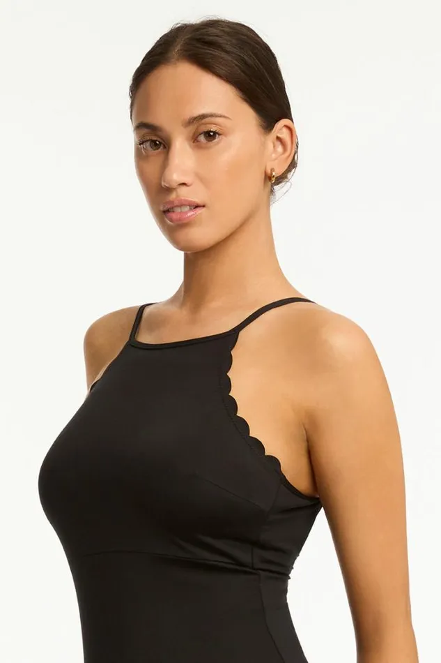 Scallop Cross Back High Neck One Piece Scallop Women Sea Level One Pieces