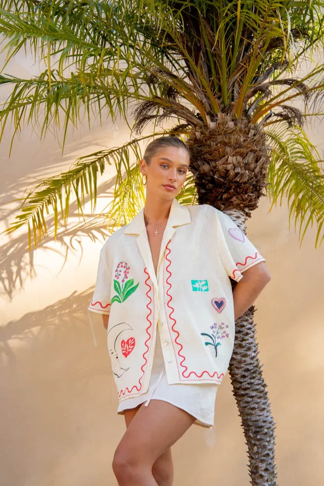 Short Sleeve Women VRG GRL Flora On Film Linen Shirt Cream
