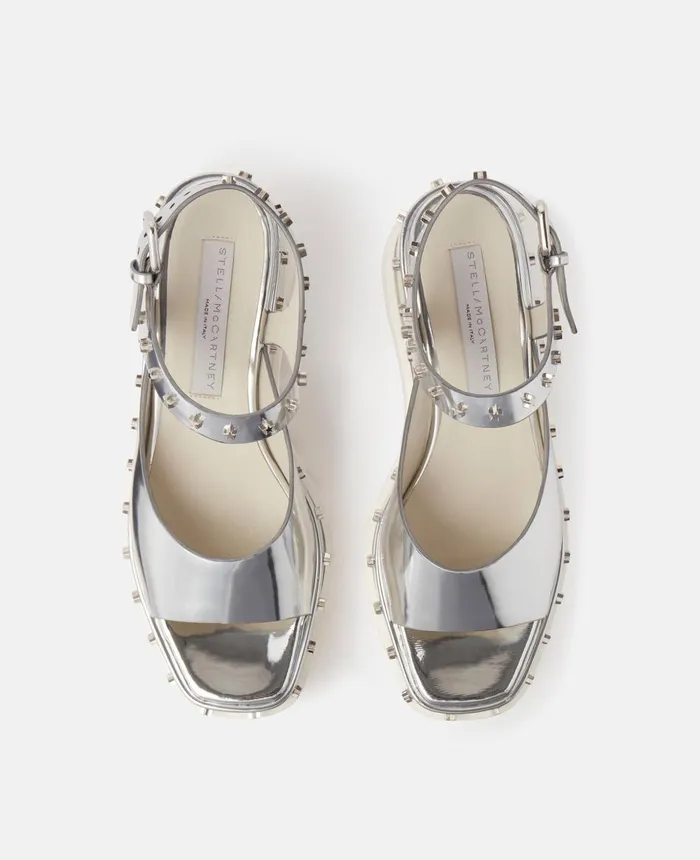 Stella McCartney Elyse Star Stud Mirrored Platform Sandals Silver Women Wedges Stella McCartney Elyse Star Stud Mirrored Platform Sandals Silver Women Wedges