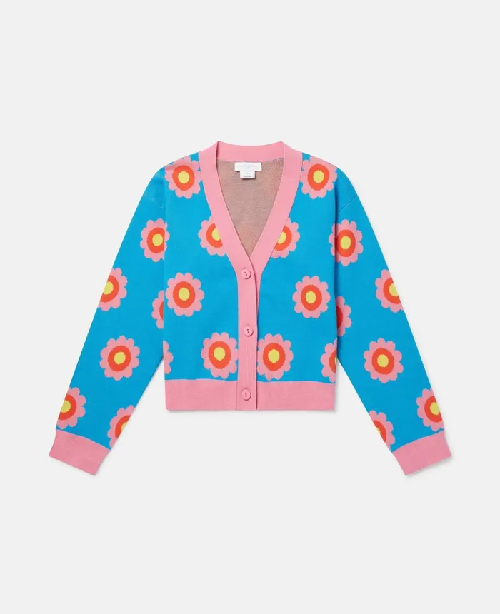 Stella McCartney Graphic Flower Intarsia Knit Cardigan Blue Kids Sweaters and Cardigans