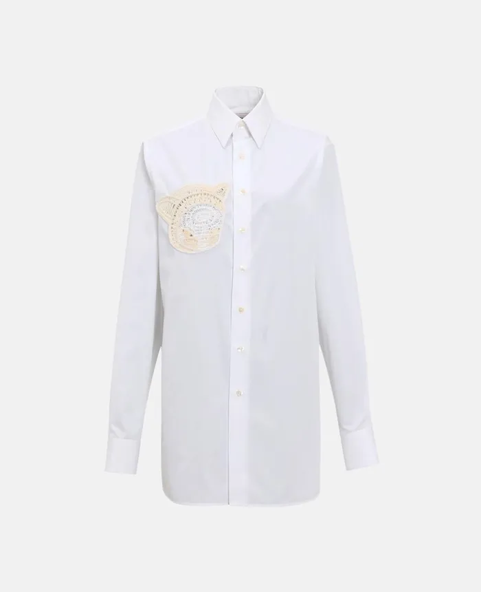 Stella McCartney Upset Kitty Crochet Patch Longline Shirt Pure White Women Shirts And Tops Stella McCartney Upset Kitty Crochet Patch Longline Shirt Pure White Women Shirts And Tops