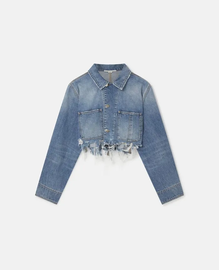 Stella McCartney Vintage Wash Distressed Cropped Denim Jacket Mid Blue Women Denim Stella McCartney Vintage Wash Distressed Cropped Denim Jacket Mid Blue Women Denim