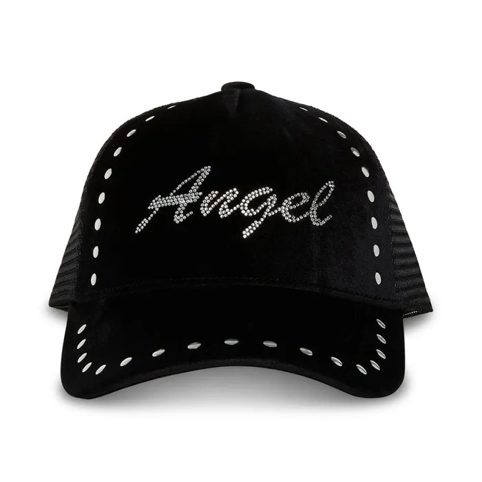Steve Madden Velvet Angel Trucker Hat Black Womens Hats Scarves and Gloves