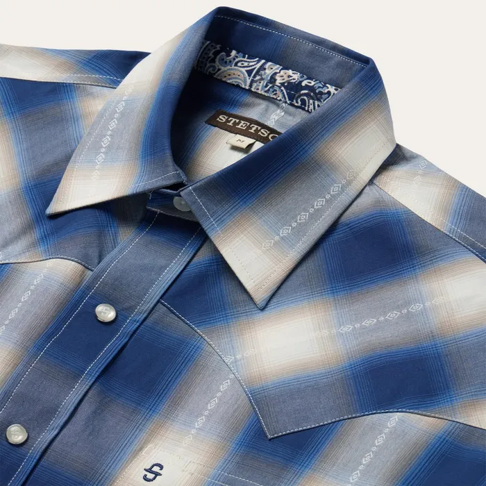Western Shirts Men Stetson Blue Ombre Plaid Short Sleeve Western Shirt Blue