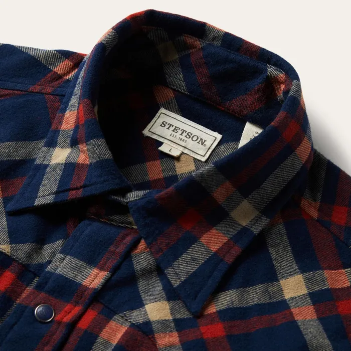 Western Shirts Men Stetson Brushed Twill Plaid Shirt Blue