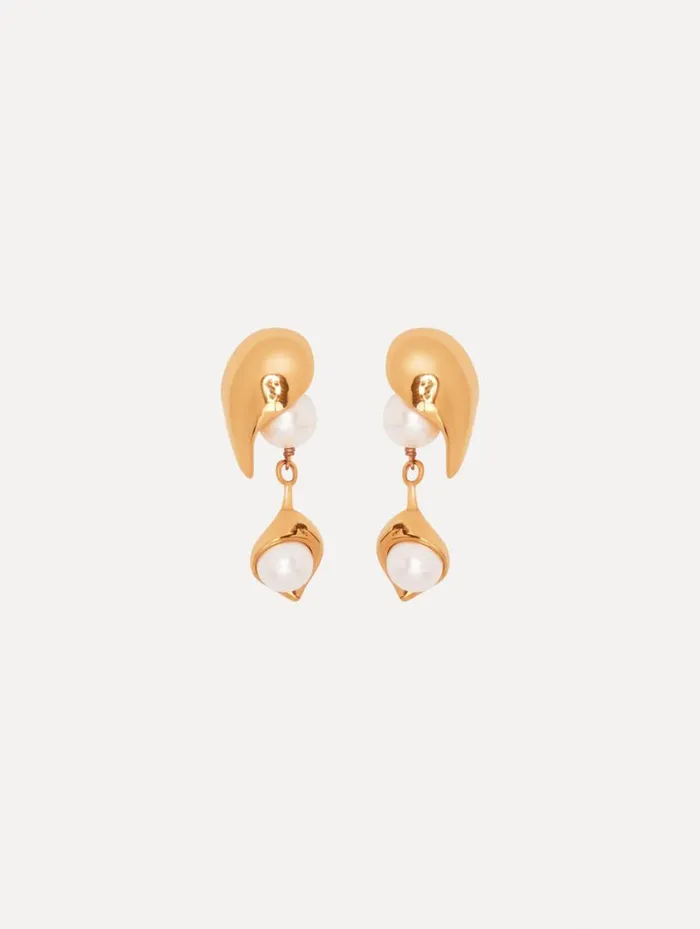 Women Abstract Leaf Pearl Drop Earrings Gold Oscar De La Renta Earrings