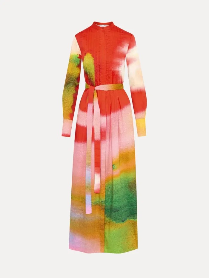 Women Abstract Watercolor Caftan Vermilion Multi Oscar De La Renta Dresses