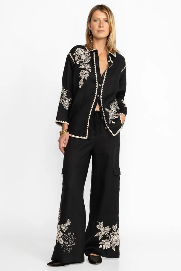 Women ADDISON DRAWSTRING WIDE LEG PANT Black Johnny Was Bottoms