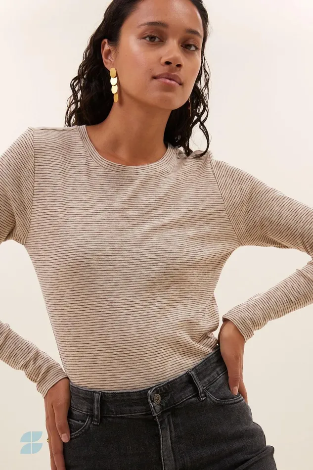 Women Basic Ls Thin Stripe Top Pecan Bybar Tops and Shirts