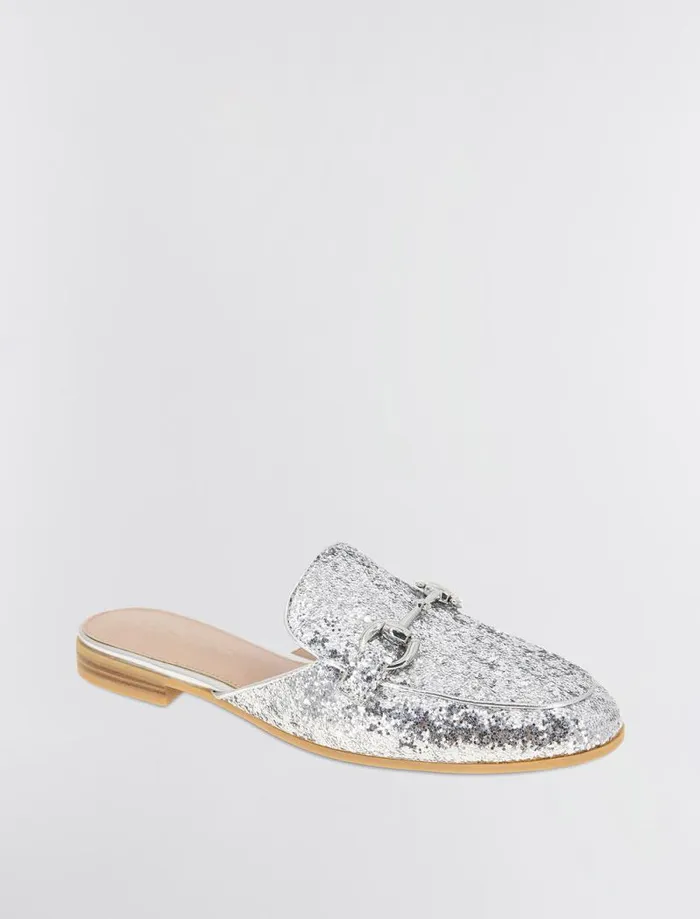 Women BCBG Shoes Zorie Loafer Mule Silver Rock Glitter