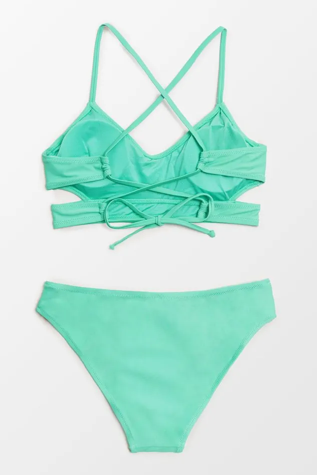 Women Bikini Sets Cupshe Danielle Lace Up Back Tie Ruched Bikini Green