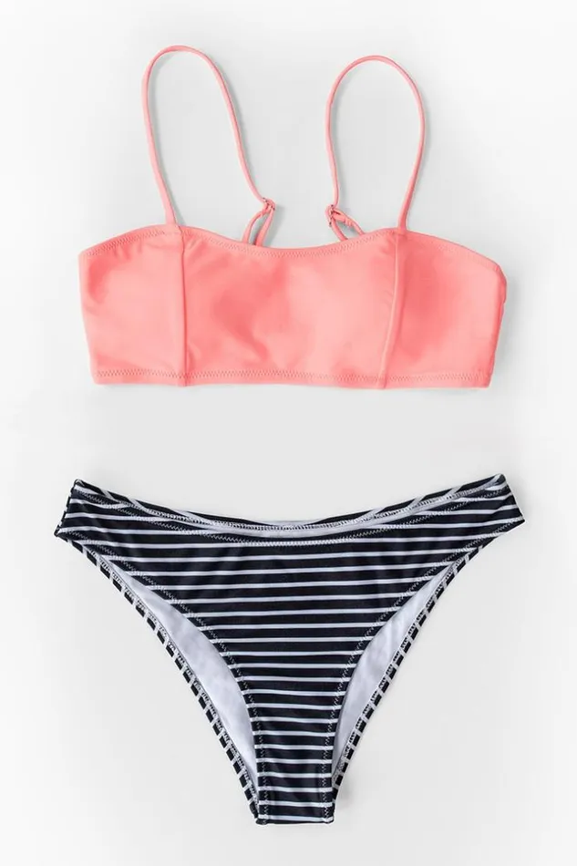 Women Bikini Sets Cupshe Pink Bandeau Bikini Top With Stripe Bikini Bottom Multicolor