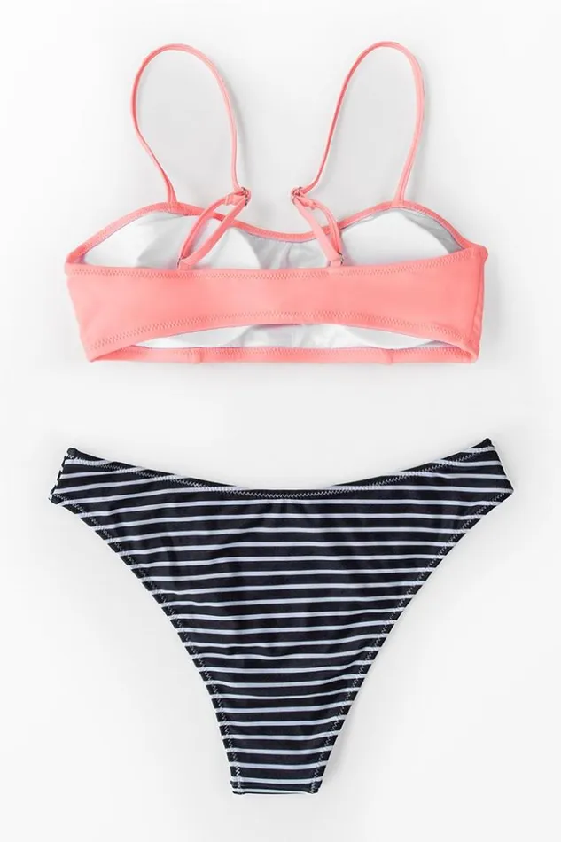 Women Bikini Sets Cupshe Pink Bandeau Bikini Top With Stripe Bikini Bottom Multicolor