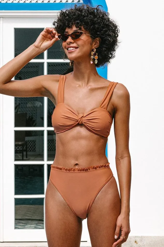 Women Bikini Sets Cupshe Raw Sienna Knot Front High Waist Bikini Orange
