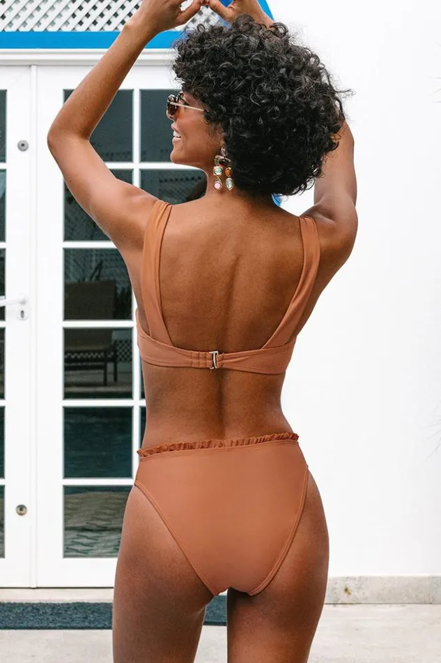 Women Bikini Sets Cupshe Raw Sienna Knot Front High Waist Bikini Orange
