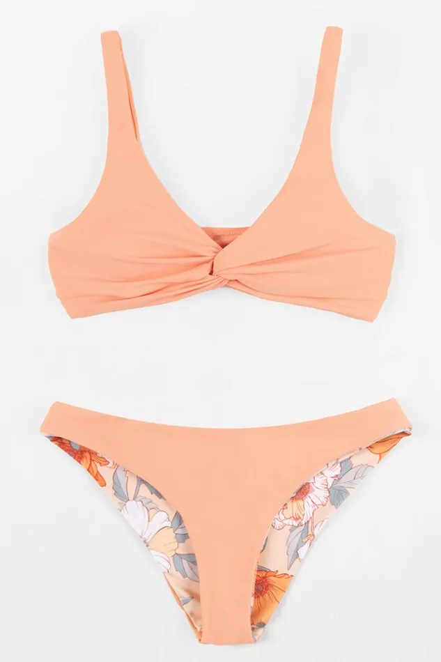 Women Bikini Sets Cupshe Romantic Flower TwistFront Bralette And Hipster Bikini Set Orange