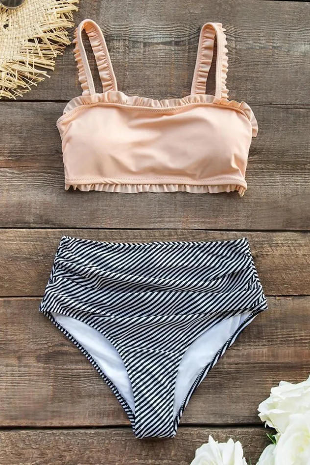 Women Bikini Sets Cupshe Ruffle Bandeau Bikini With High Waisted Bottom Multicolor