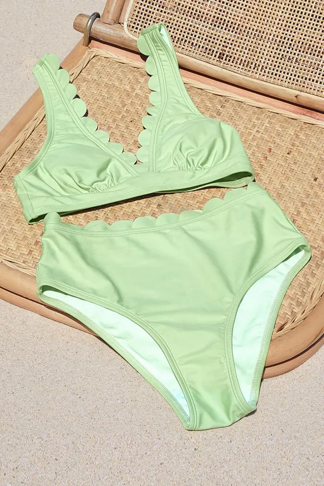Women Bikini Sets Cupshe Strawberry Field Scalloped Tall Tri And Hipster Bikini Set Green