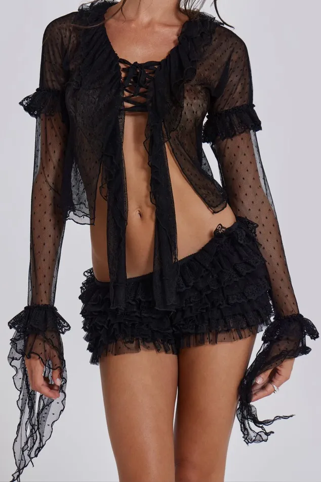 Women Black Flamenco Frill Tulle Blouse Jaded London CoOrds