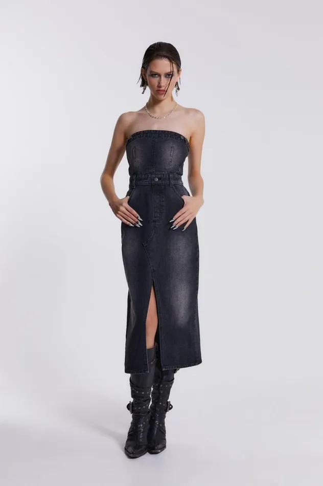 Women Black Liberty 2 In 1 Detachable Denim Wash Midi Dress Jaded London CoOrds Women Black Liberty 2 In 1 Detachable Denim Wash Midi Dress Jaded London CoOrds