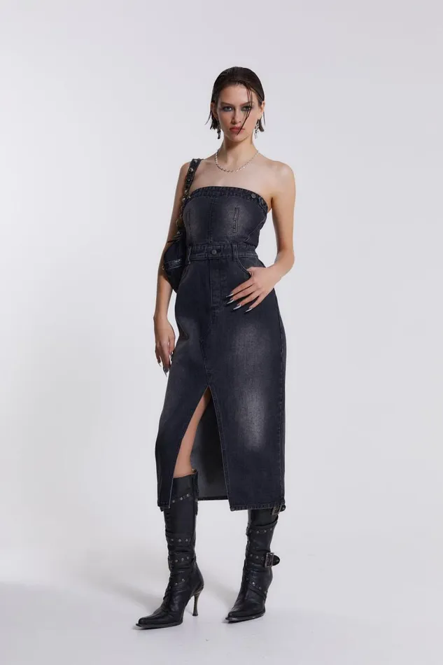 Women Black Liberty 2 In 1 Detachable Denim Wash Midi Dress Jaded London CoOrds