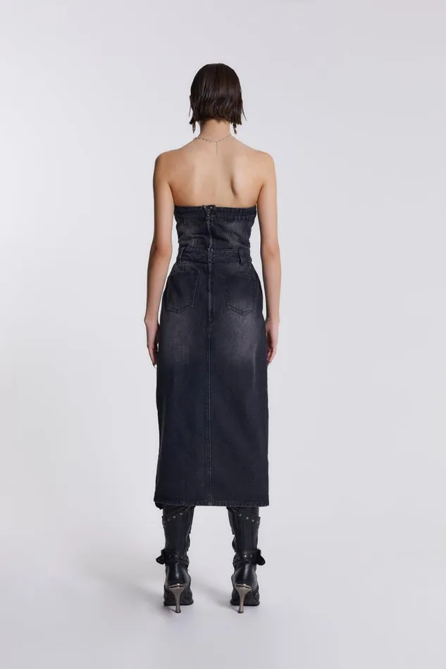 Women Black Liberty 2 In 1 Detachable Denim Wash Midi Dress Jaded London CoOrds