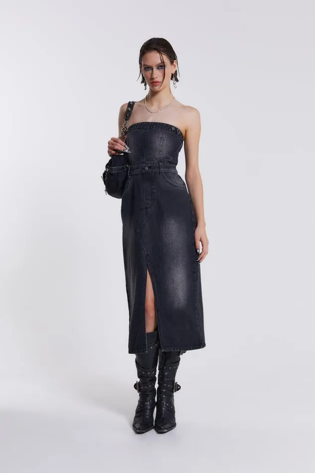 Women Black Liberty 2 In 1 Detachable Denim Wash Midi Dress Jaded London CoOrds