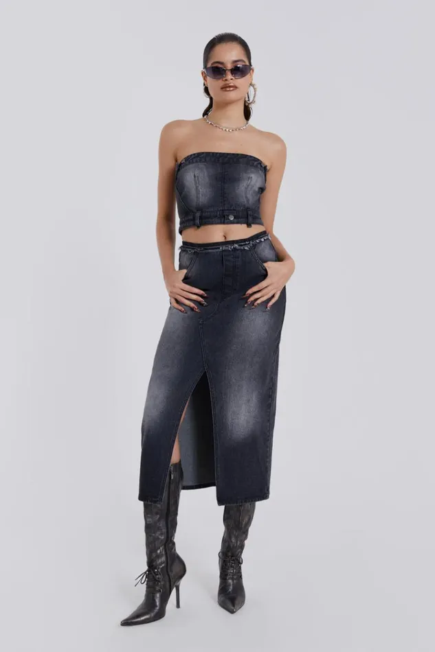 Women Black Liberty 2 In 1 Detachable Denim Wash Midi Dress Jaded London CoOrds