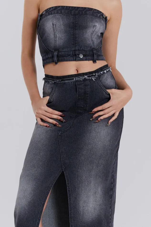 Women Black Liberty 2 In 1 Detachable Denim Wash Midi Dress Jaded London CoOrds