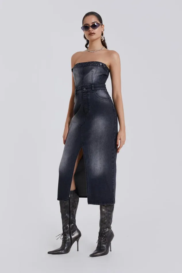 Women Black Liberty 2 In 1 Detachable Denim Wash Midi Dress Jaded London CoOrds