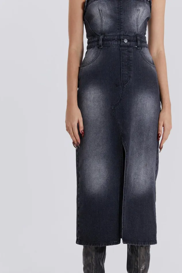 Women Black Liberty 2 In 1 Detachable Denim Wash Midi Dress Jaded London CoOrds