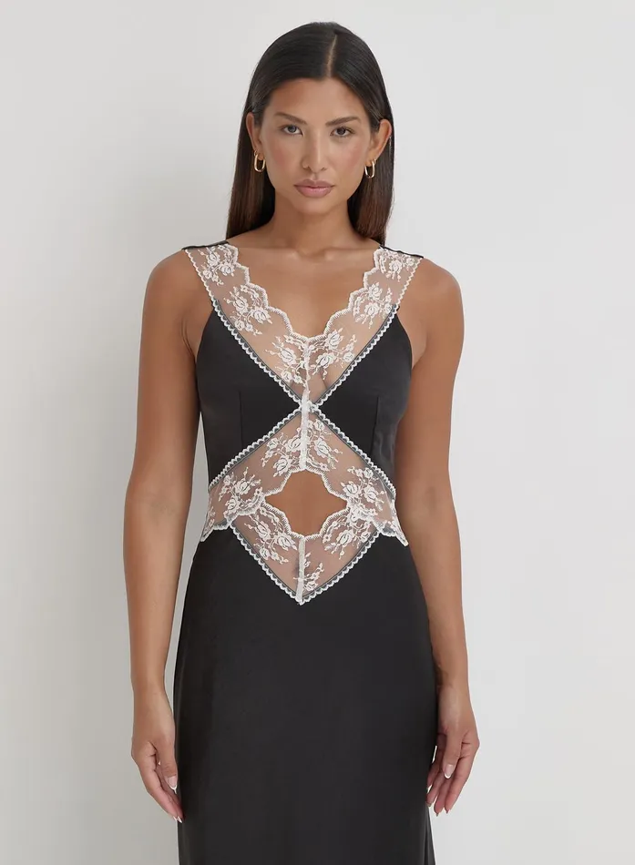 Women Black Satin Lace Slip Dress Kelsey 4th and Reckless Dresses