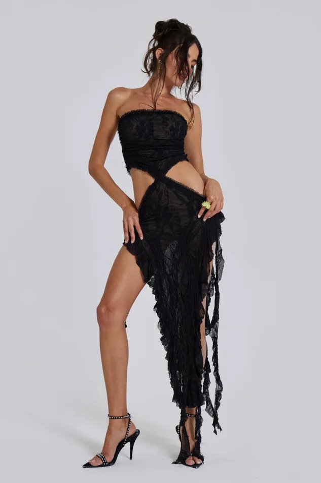 Women Black Scrunch Lace Ruffle Mini Dress Jaded London Midi Dresses