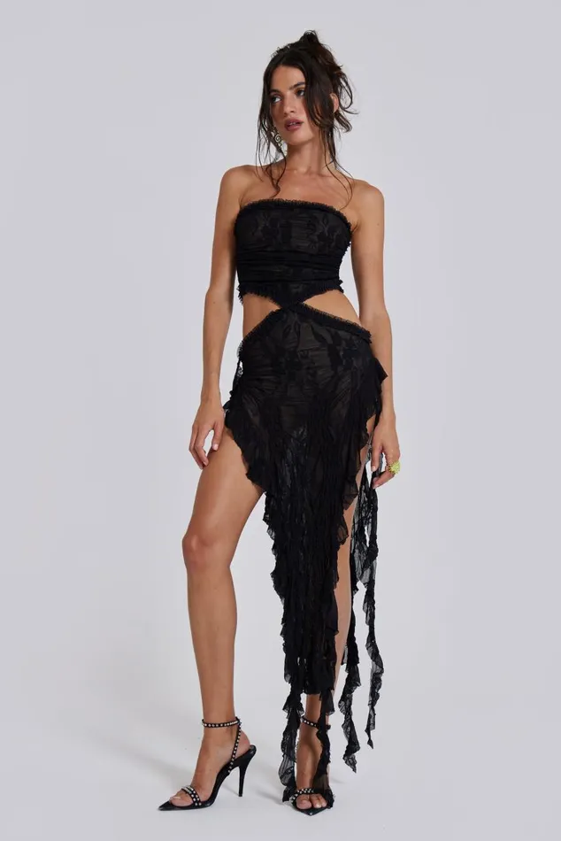 Women Black Scrunch Lace Ruffle Mini Dress Jaded London Midi Dresses