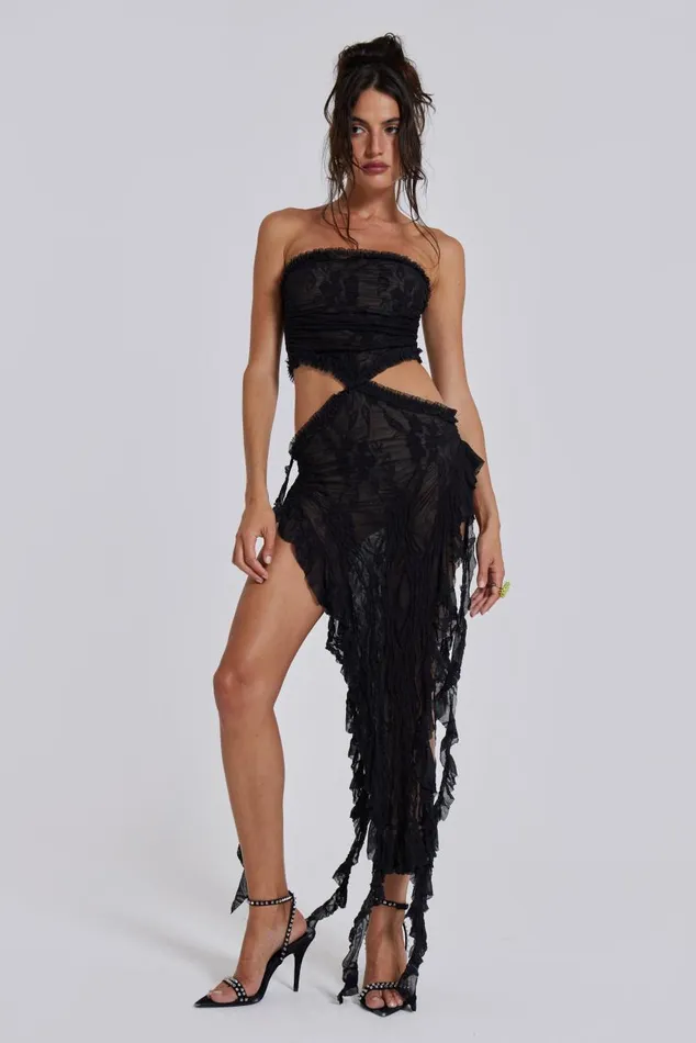 Women Black Scrunch Lace Ruffle Mini Dress Jaded London Midi Dresses