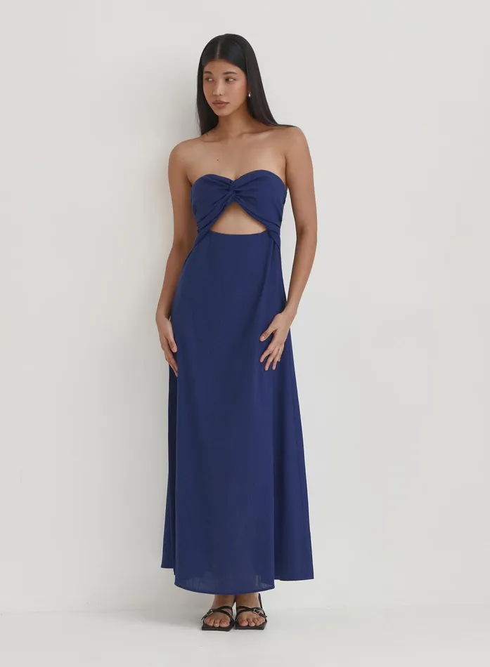 Women Blue Linen Maxi Cut Out Bandeau Dress Lainey 4th and Reckless Dresses