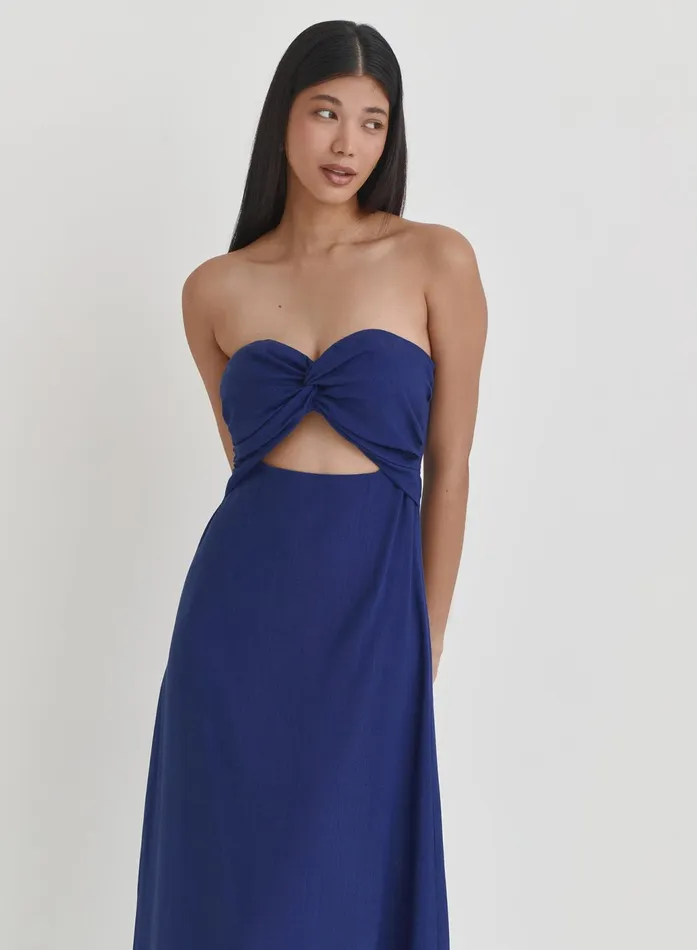 Women Blue Linen Maxi Cut Out Bandeau Dress Lainey 4th and Reckless Dresses