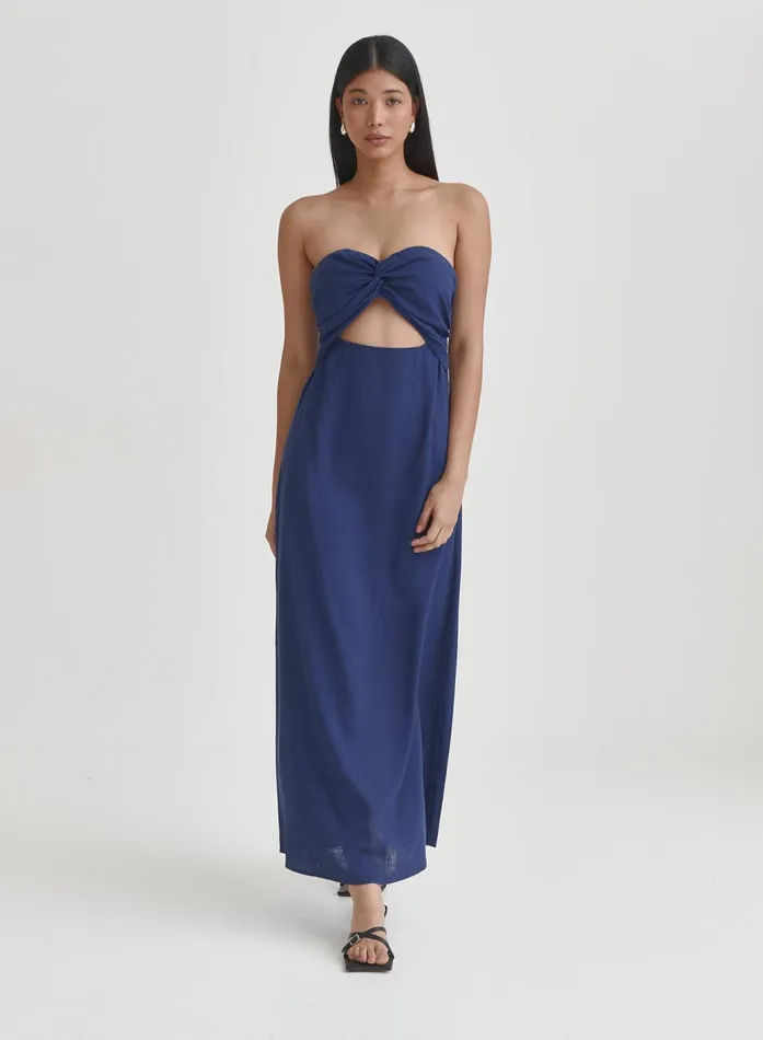 Women Blue Linen Maxi Cut Out Bandeau Dress Lainey 4th and Reckless Dresses